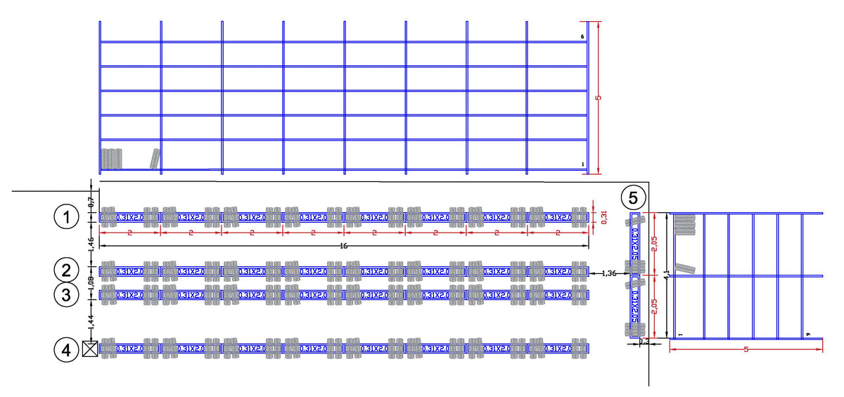 Disegno CAD di un layout di scaffalature per magazzino