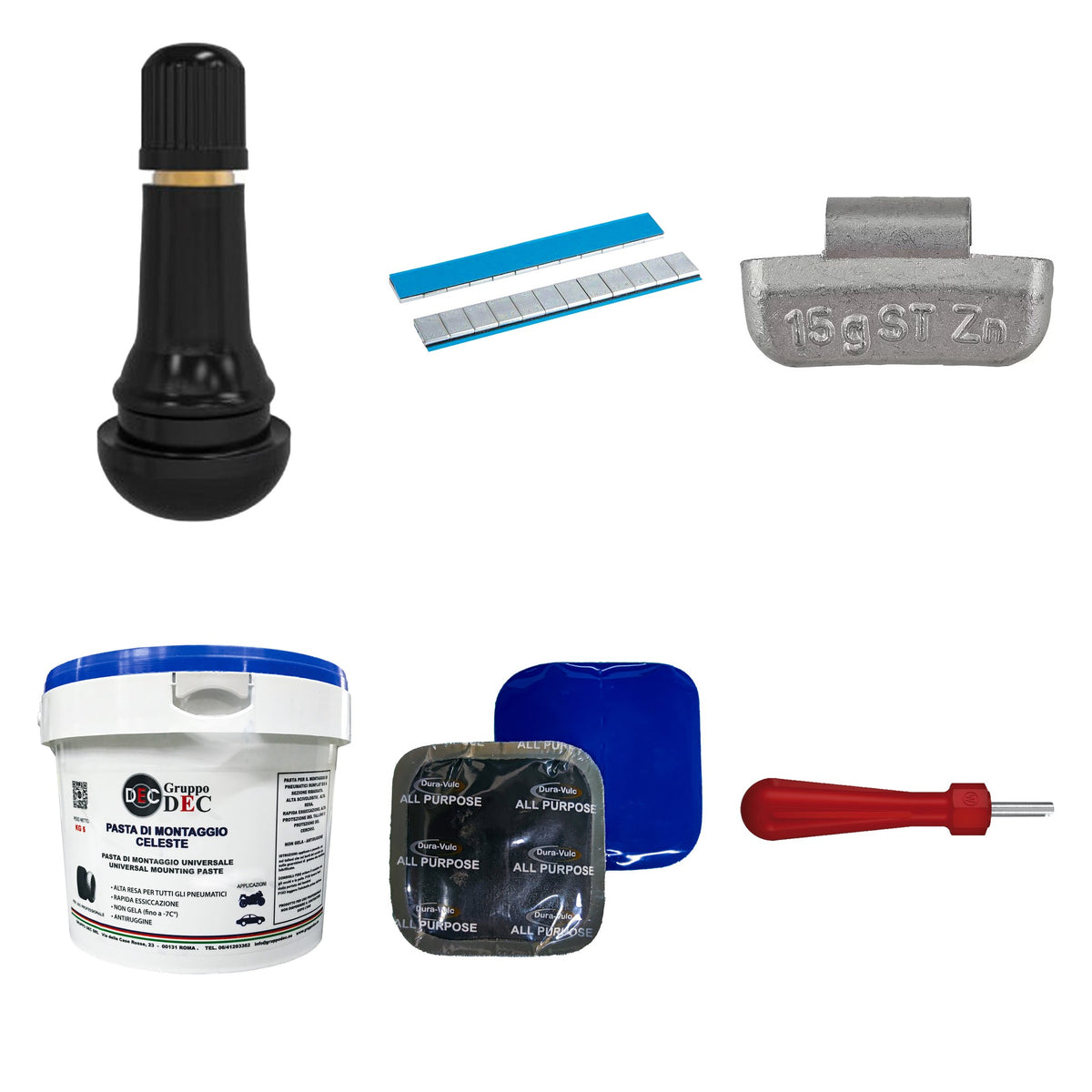 Kit Gommista Professionale - Valvole, Contrappesi, Pasta e Rappezzi
